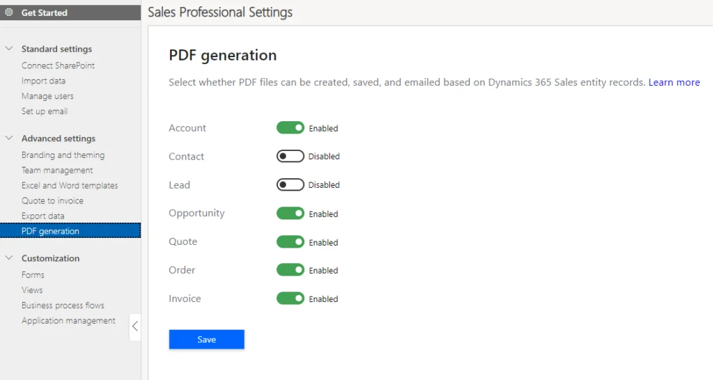 Screen shot of PDF generation settings page of Sales Professional app module.