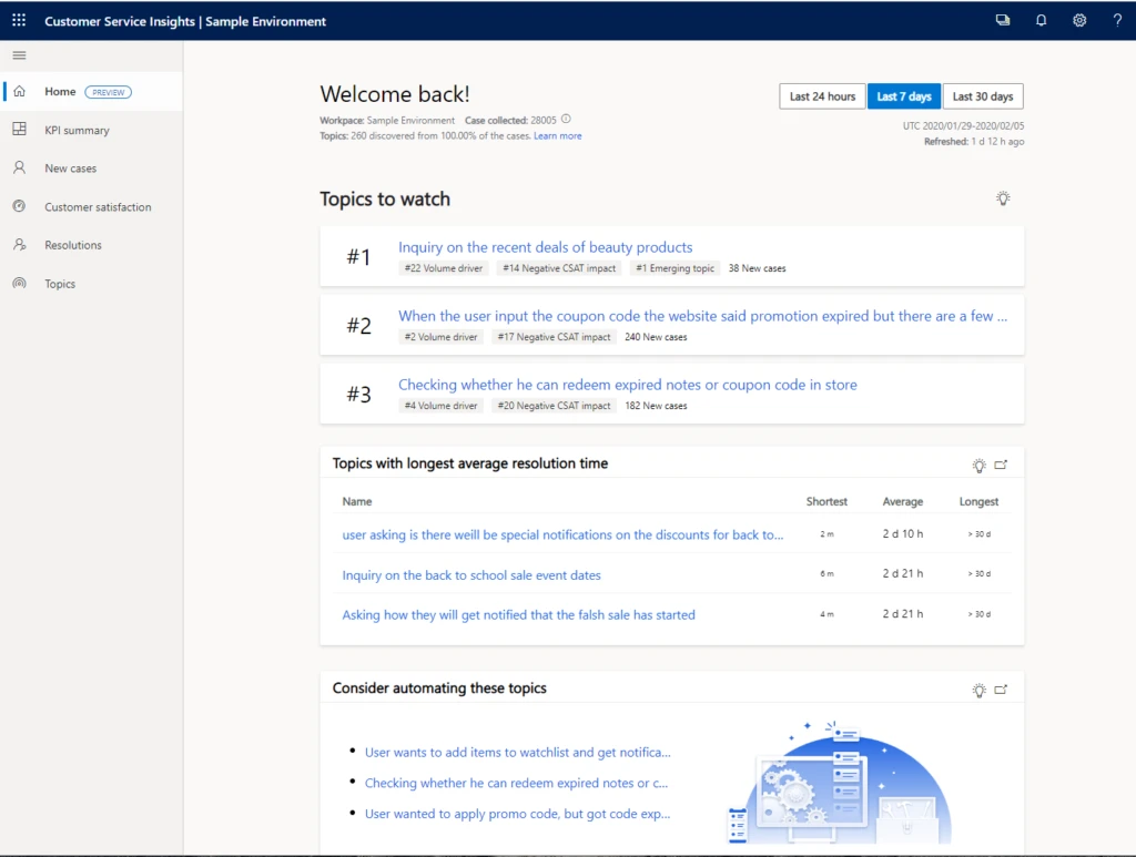 Sample environment in Customer Service Insights.