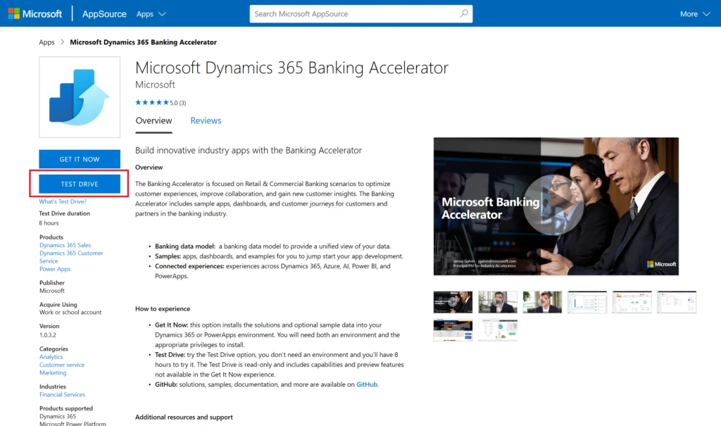 AppSource screenshot highlighting Test Drive button for Microsoft Dynamics 365 Banking Accelerator