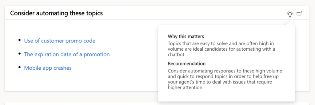 The home page surfaces automated suggestions for the best topics to add to the conversations Power Virtual Agents can support