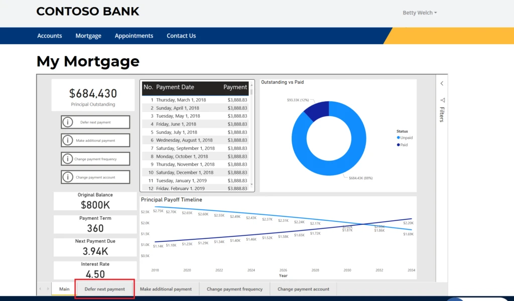 Product screenshot previewing embedded Power BI report to analyze and interact with the banking data