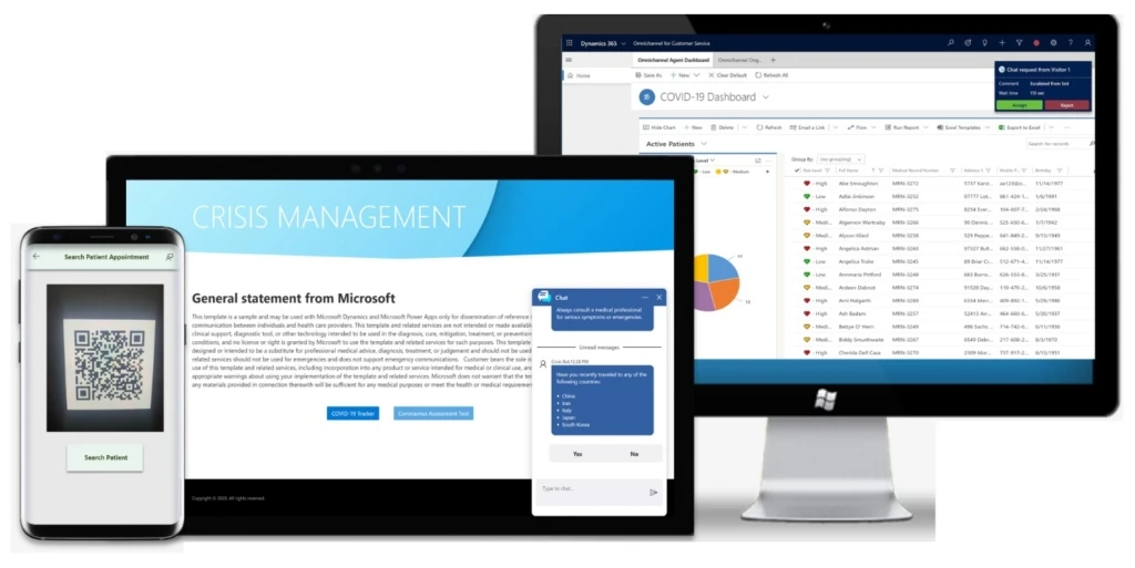 The solution combines capabilities of Power Apps, Dynamics 365 and the Microsoft HealthBot Service