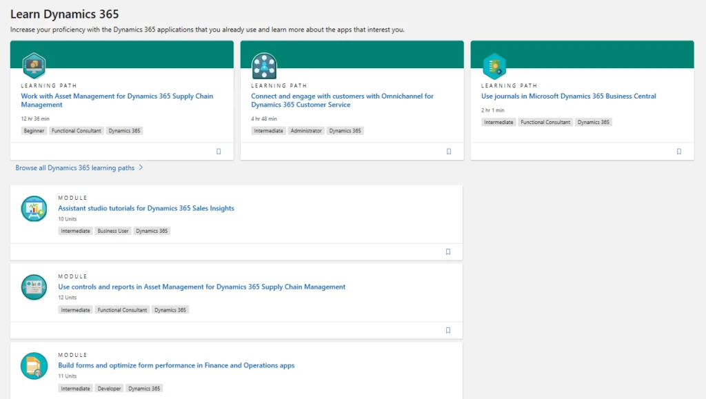 Dynamics 365 learning paths are available for finance and operations, marketing, sales, and other specialties
