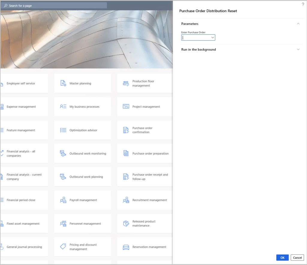 Screenshot of purchase order distribution dialog box