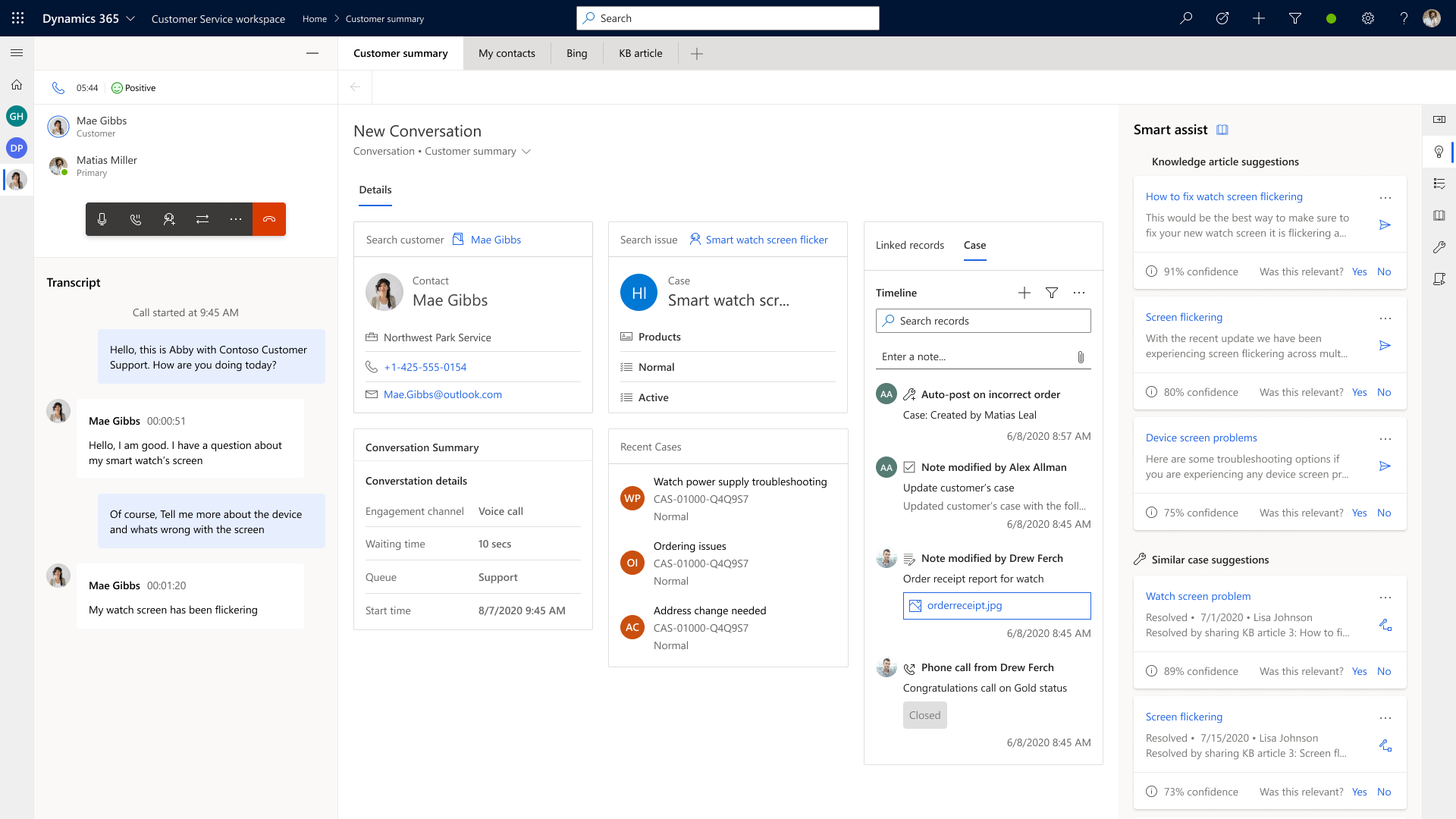 With the Dynamics 365 Customer Service, agents can view the real-time call transcript while on the call, see the customer’s details, recent and related cases, and suggested knowledge articles and similar cases that can help agents resolve customer issue more quickly