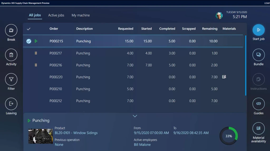 The new production floor execution feature in Dynamics 365 Supply Chain Management provides a modern UI that helps frontline workers to be more agile and productive.