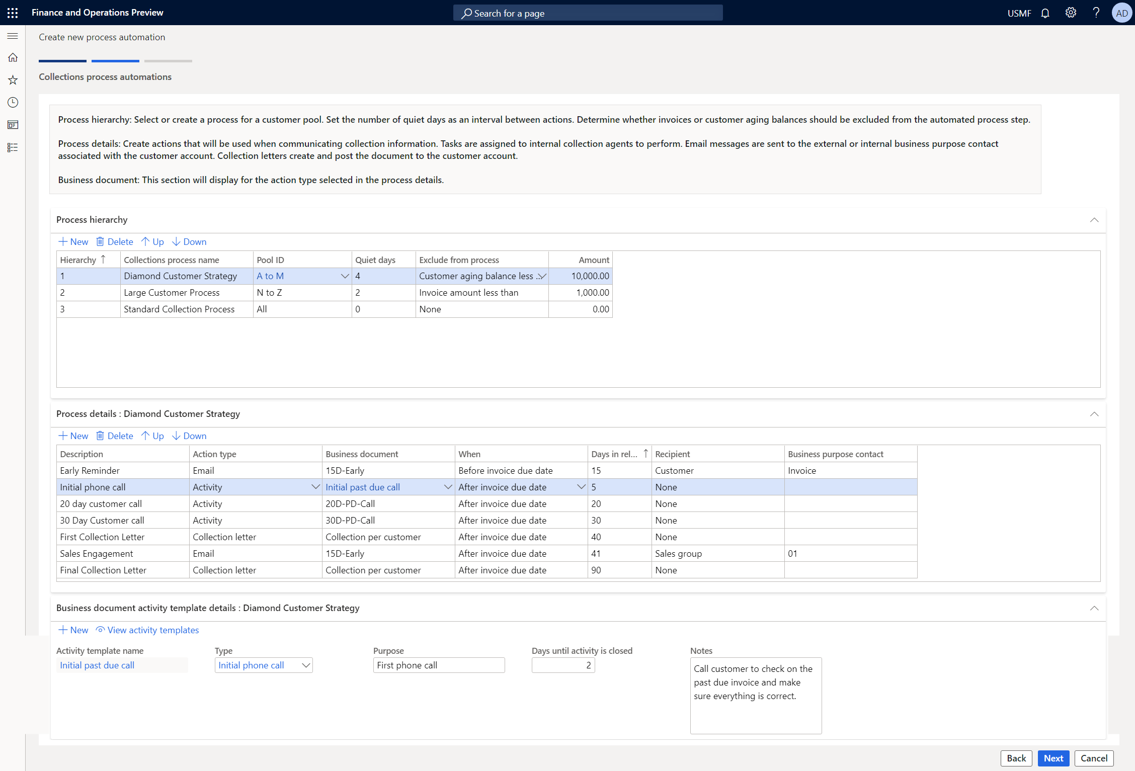 Screenshot of Finance and Operations collections process automations