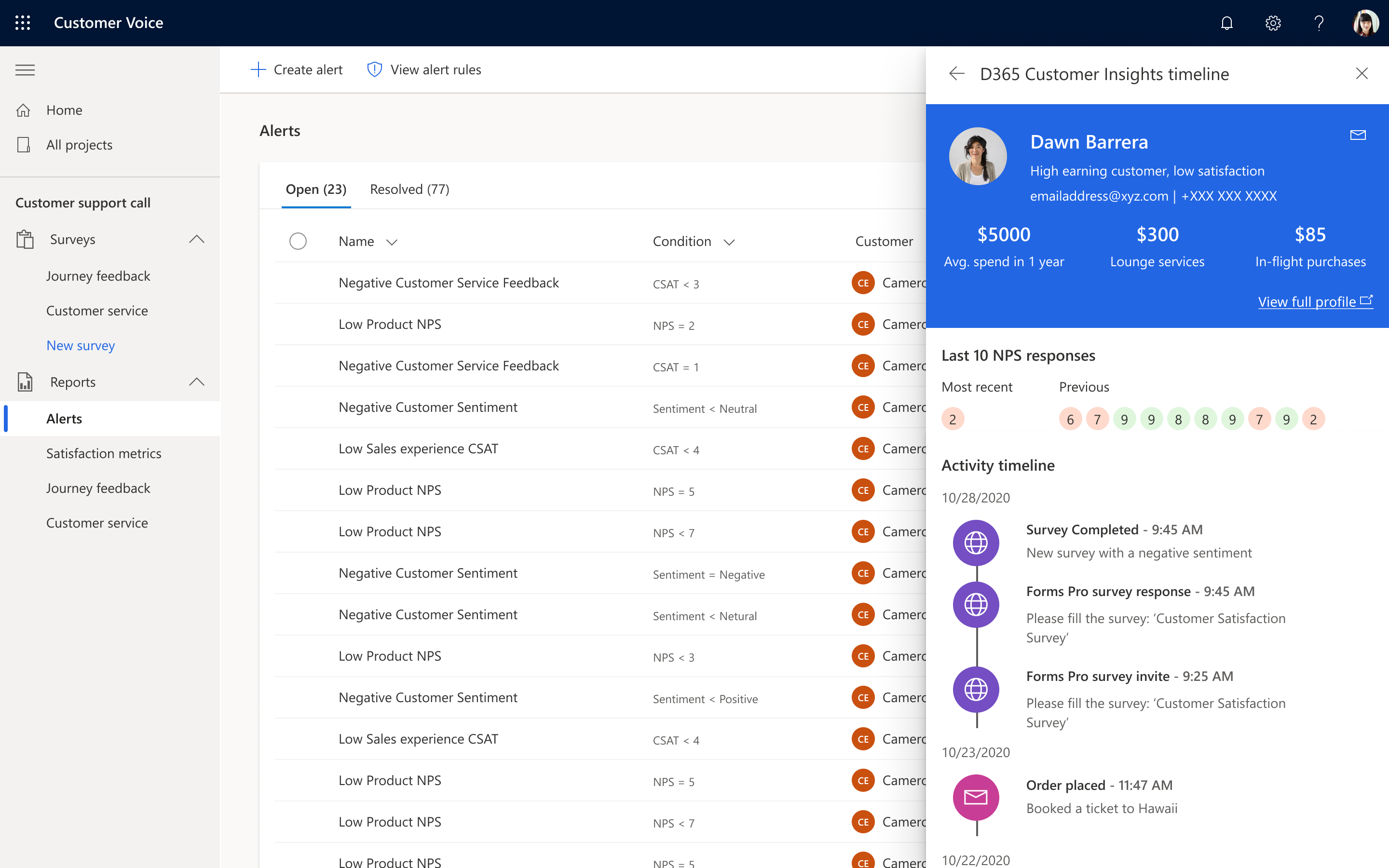 Screenshot of Customer Voice dashboard and customer activity timeline