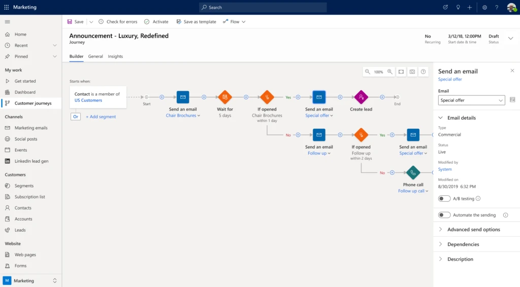 Customized canvas view. One-click to fit the entire journey into the canvas, fluid zoom, drag to pan, and choose between horizontal and vertical canvas layouts.