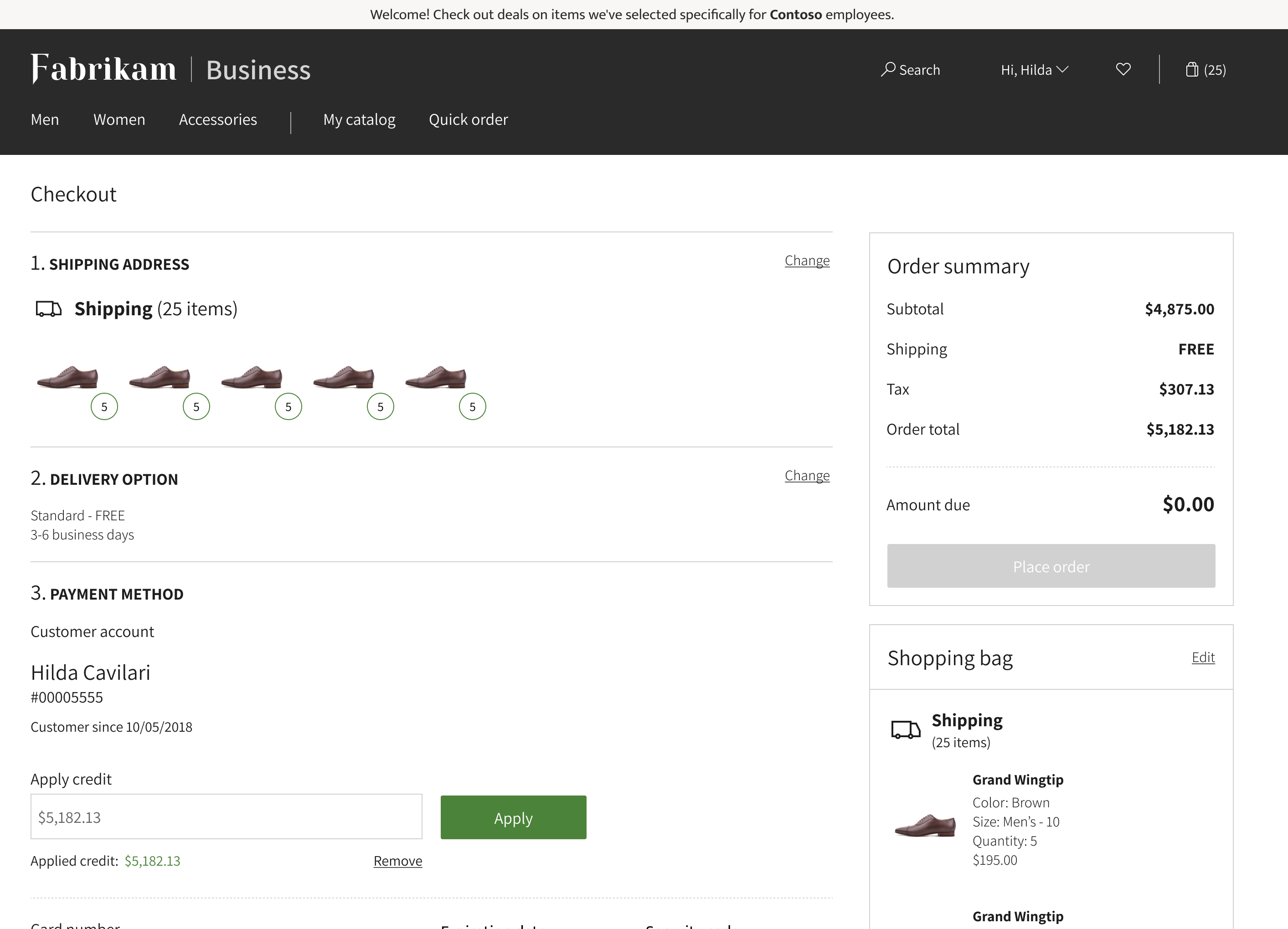 Image displaying the checkout screen for a business order including shipping details, payment method and order summary.