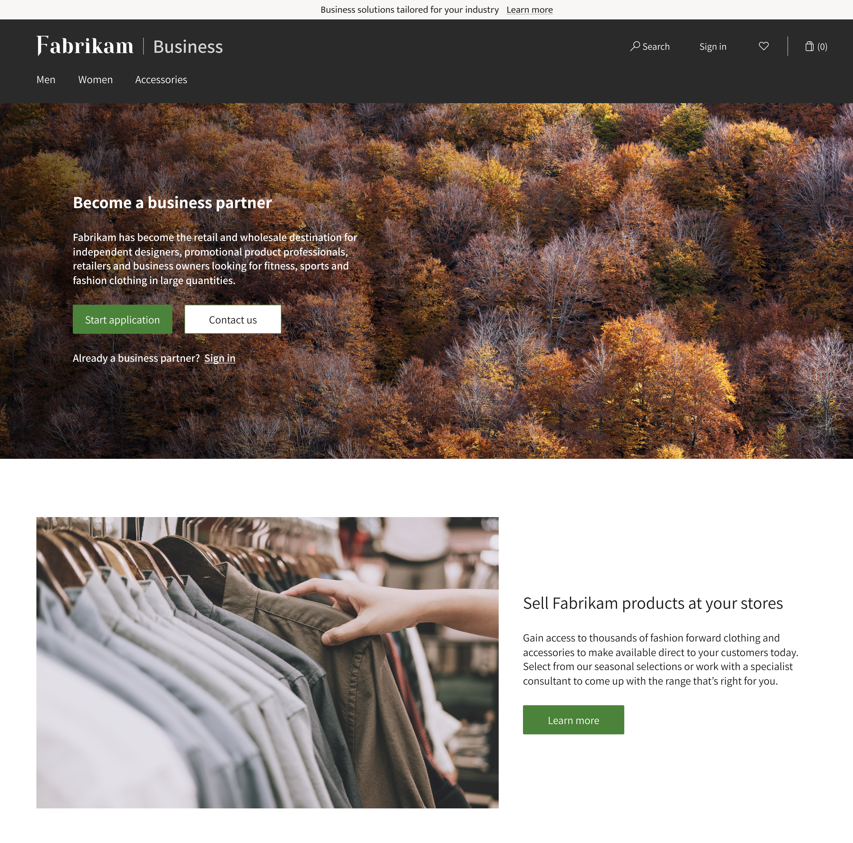 Business e-commerce home page for a company name Fabrikam with a beautiful picture of woods with words describing how to becomes a become a business partner, along with an image below it of a hand browsing through a selection of mens shirt with a title stating how businesses can sell Frabikam products in their stores