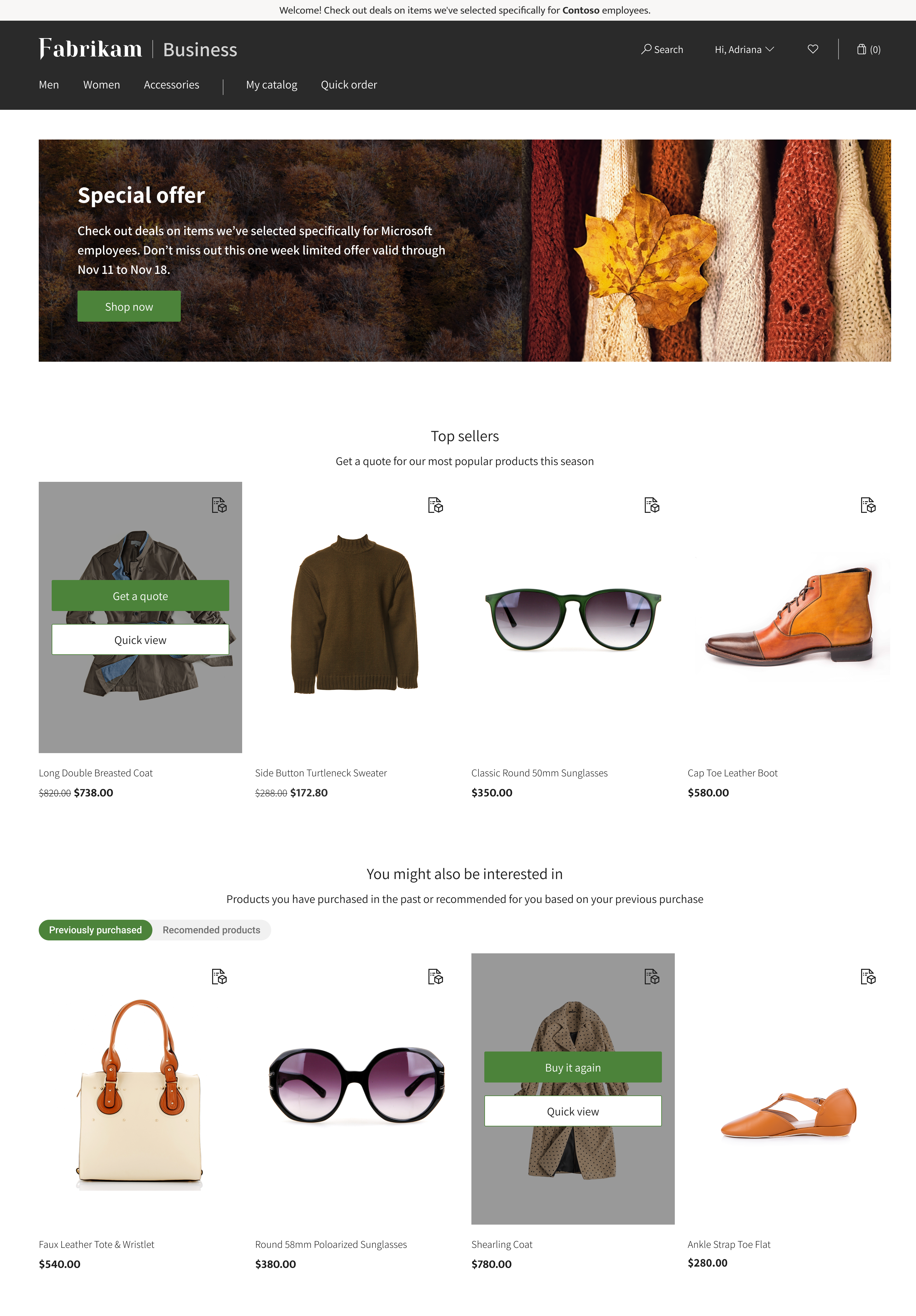 An e-commerce page with Fabrikam Business header and Special offer banner at the top. Product images are showcased with headers of “Top Sellers” and “You might also be interested in”