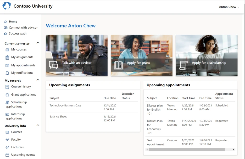 Screenshot of student portal in education accelerator for Dynamics 365