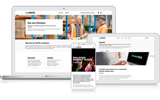 a laptop, cellphone, and tablet with the my N Z T E portal on the screens.