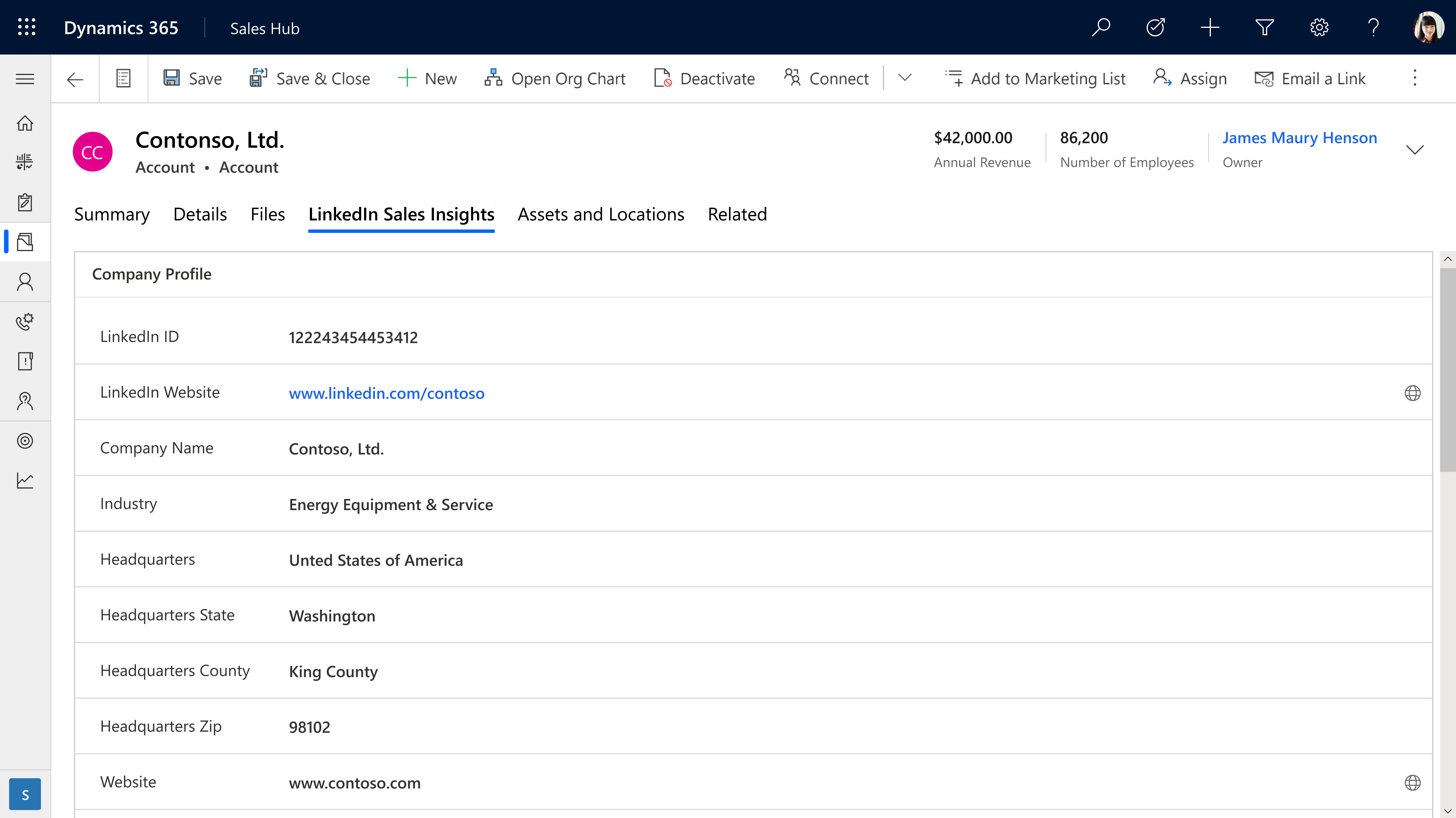 With LinkedIn Sales Insights, company information can be brought into Dynamics 365 Sales