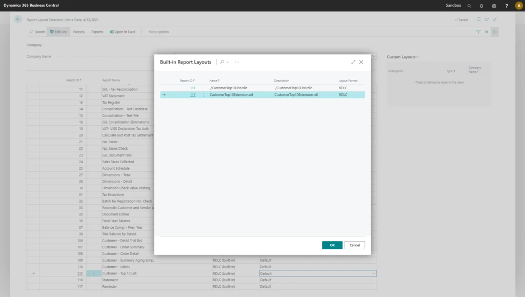 Report Layout Selection page includes layouts from report extensions in Dynamics 365 Business Central