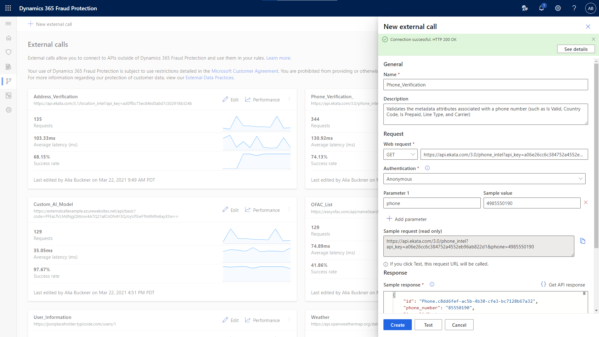 Shows process of creating brand new external call, connecting to phone verification API