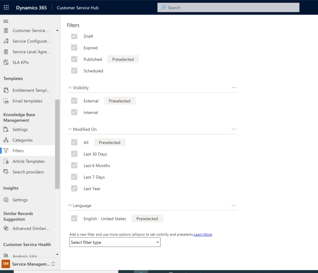 Example of knowledge management screen in Dynamics 365 Customer Service