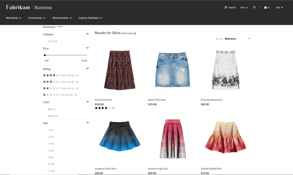 A webpage for business buyers showcasing a range of clothes available to order with applicable prices and search filters.