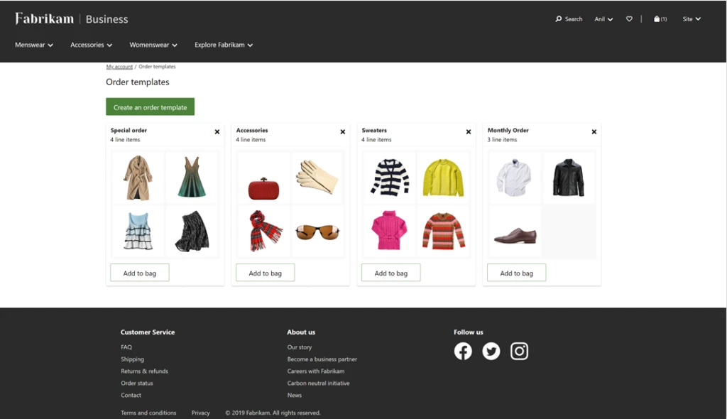 A webpage for business buyers showing order templates options including special offers, accessories, sweaters and monthly orders.