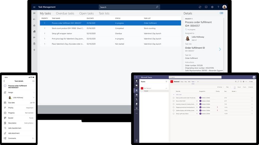 Three screens showing cross application functionality for task management in Microsoft Teams and Dynamics 365 Commerce