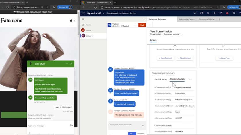 Two screens showing a customer’s chat interaction with a virtual agent on a website and the same chat showing up for Customer Service agent in Dynamics 365