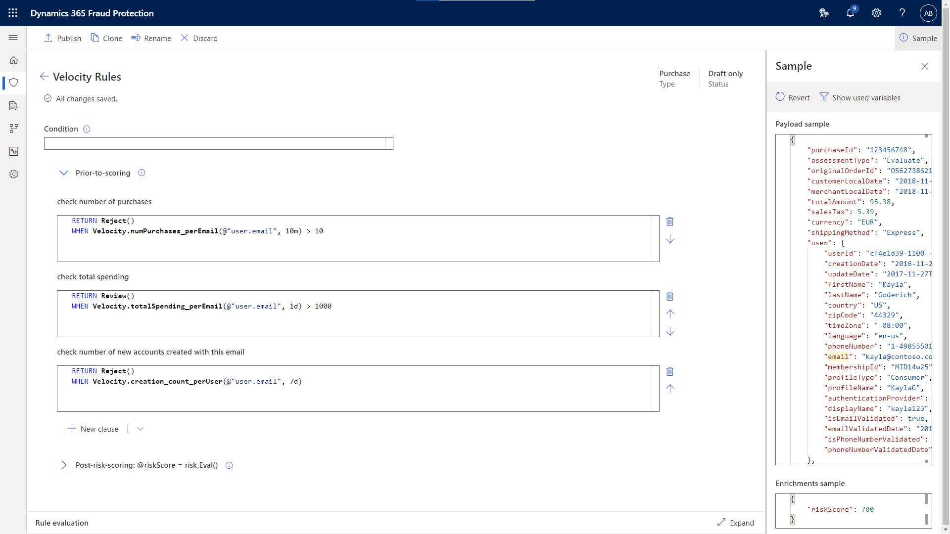 Shows a rule that rejects transactions based on the velocities defined.