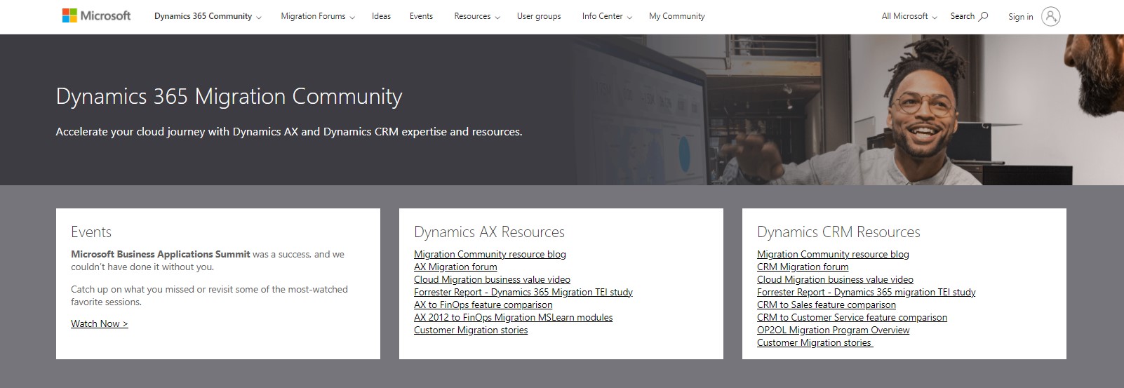 Screenshot of the Dynamics 365 Migration Community webpage