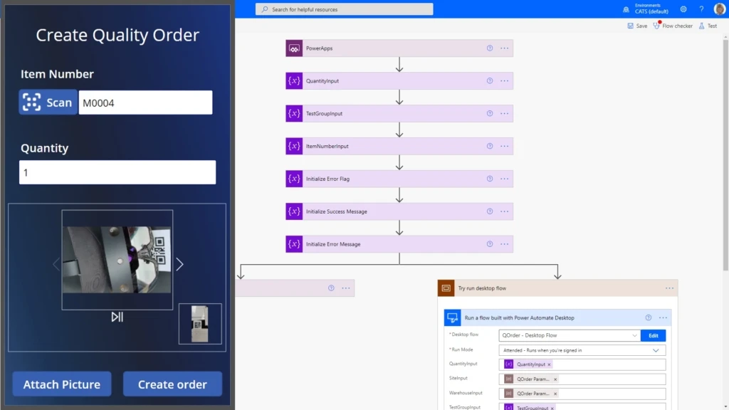 Screenshot of the QOrder application and one of the automation flows.