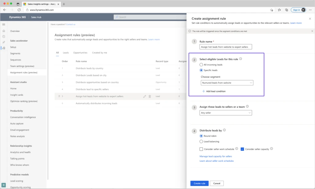 Create rule for adding leads to a segment in Dynamics 365 Sales.