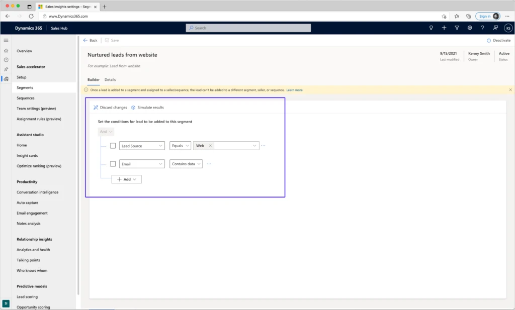 Using an assignment rule in Dynamics 365 Sales to capture leads with an email address.