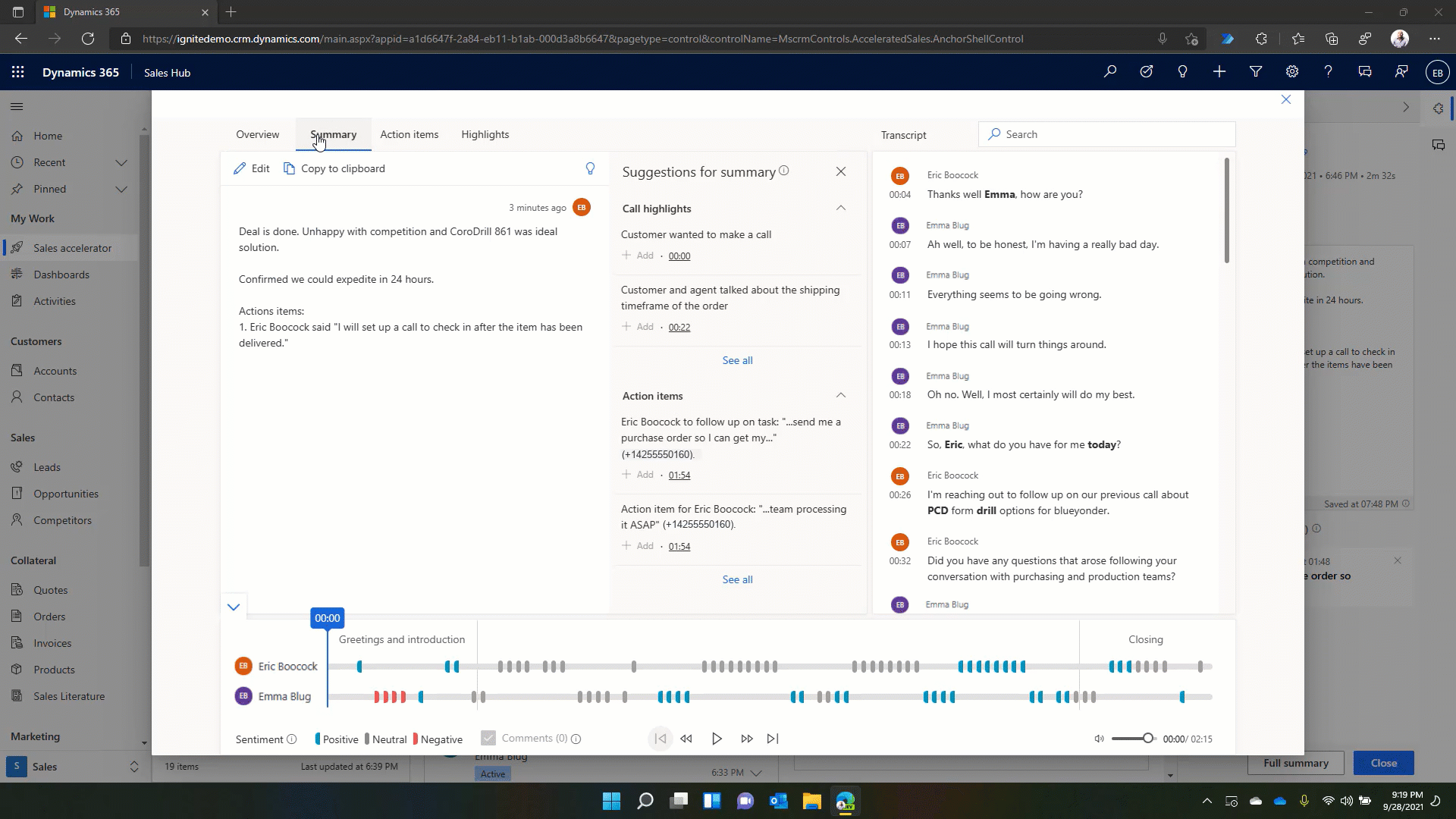Animated image of Dynamics 365 demonstrating post call summary, highlights and suggested actions.