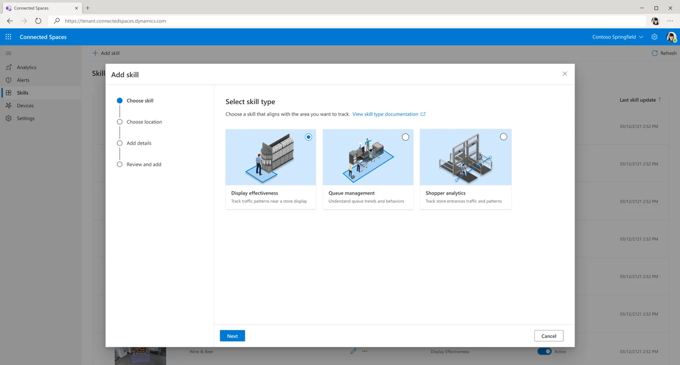 Connected Spaces product’s user interface that shows selection of skill type.