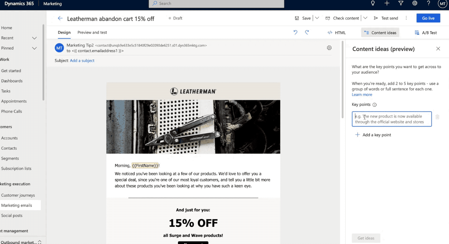 AI-powered Content Ideas in the Dynamics 365 Marketing email editor can help you get writing inspiration and move faster from concept to execution.