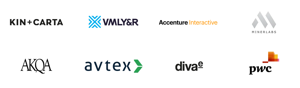 Digital agencies logos: Kin+Carta, VMLY&R, AKQA, Accenture Interactive, pwc, avtex, diva, minerlabs