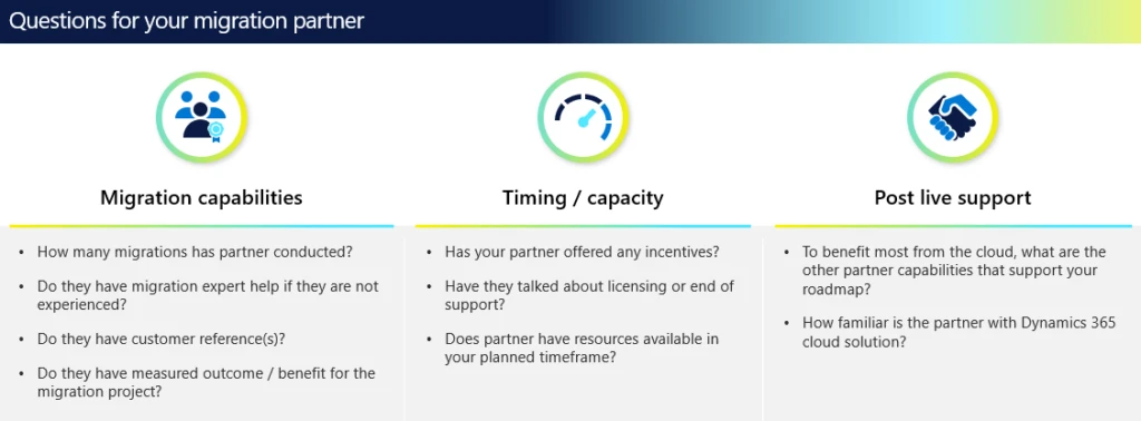 • List of questions to ask migration partners around their migration capabilities, capacity, and post live support