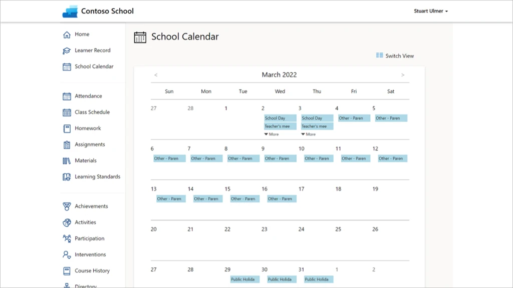 Screenshot of school calendar page in education accelerator for higher education.