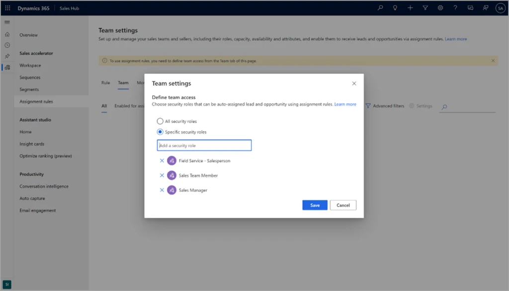 Screenshot of the Team settings section of the assignment rules settings page.