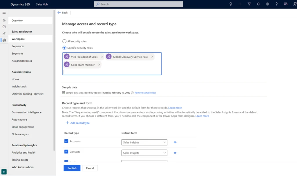 Screenshot of the Manage access and record type section of the sales accelerator workspace settings page.