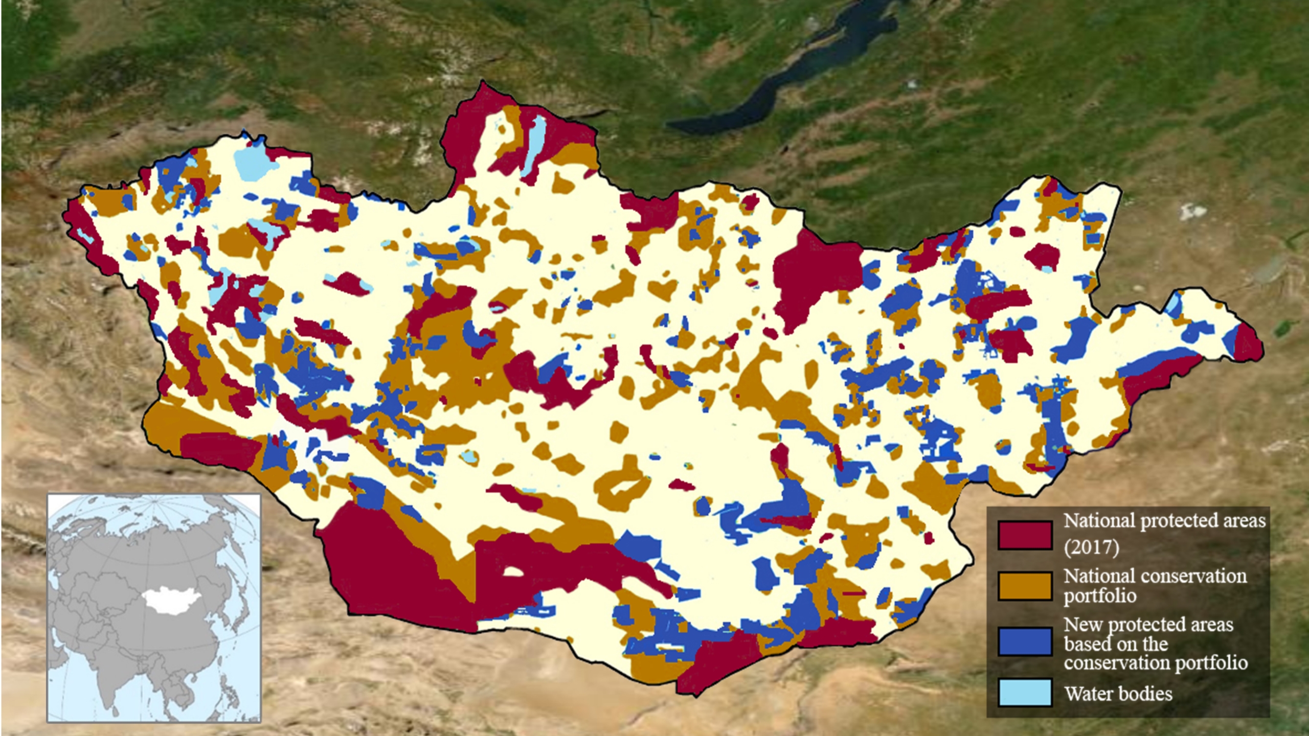 Mongolia's protected area network informed by Marxan. Map provided by M. Heiner (The Nature Conservancy) with color reproduction for publishing).