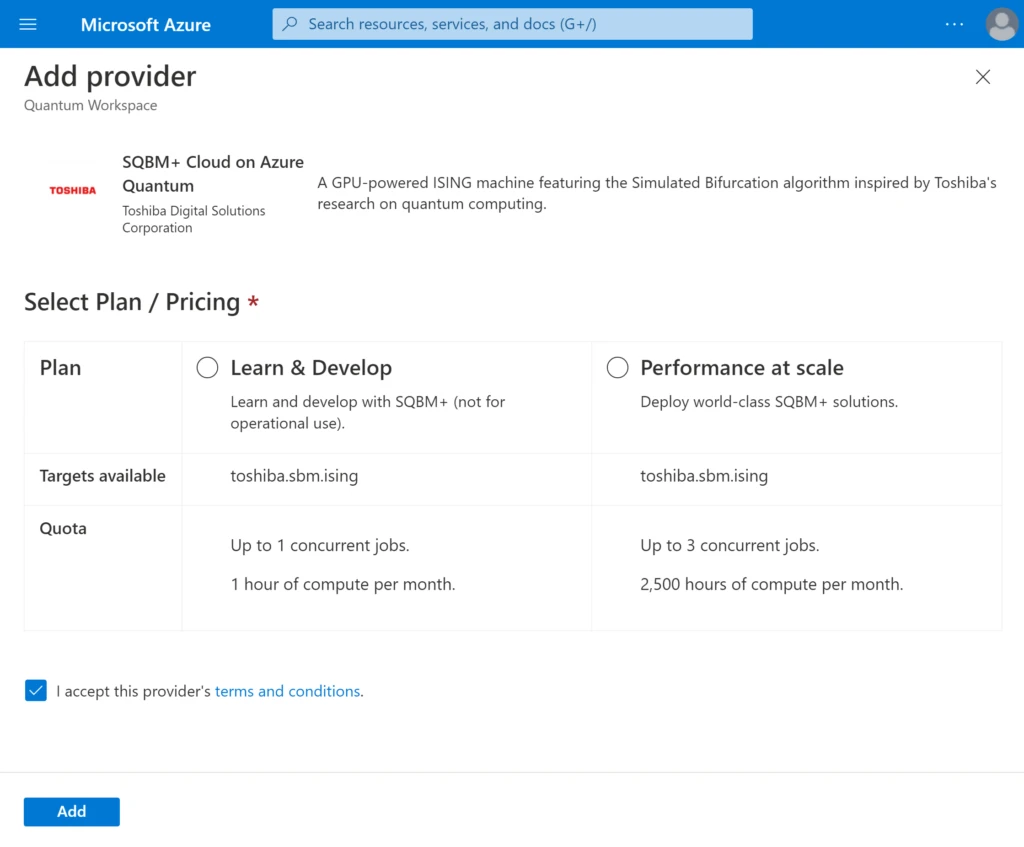 Plan options for SQBM+ Cloud on Azure Quantum.